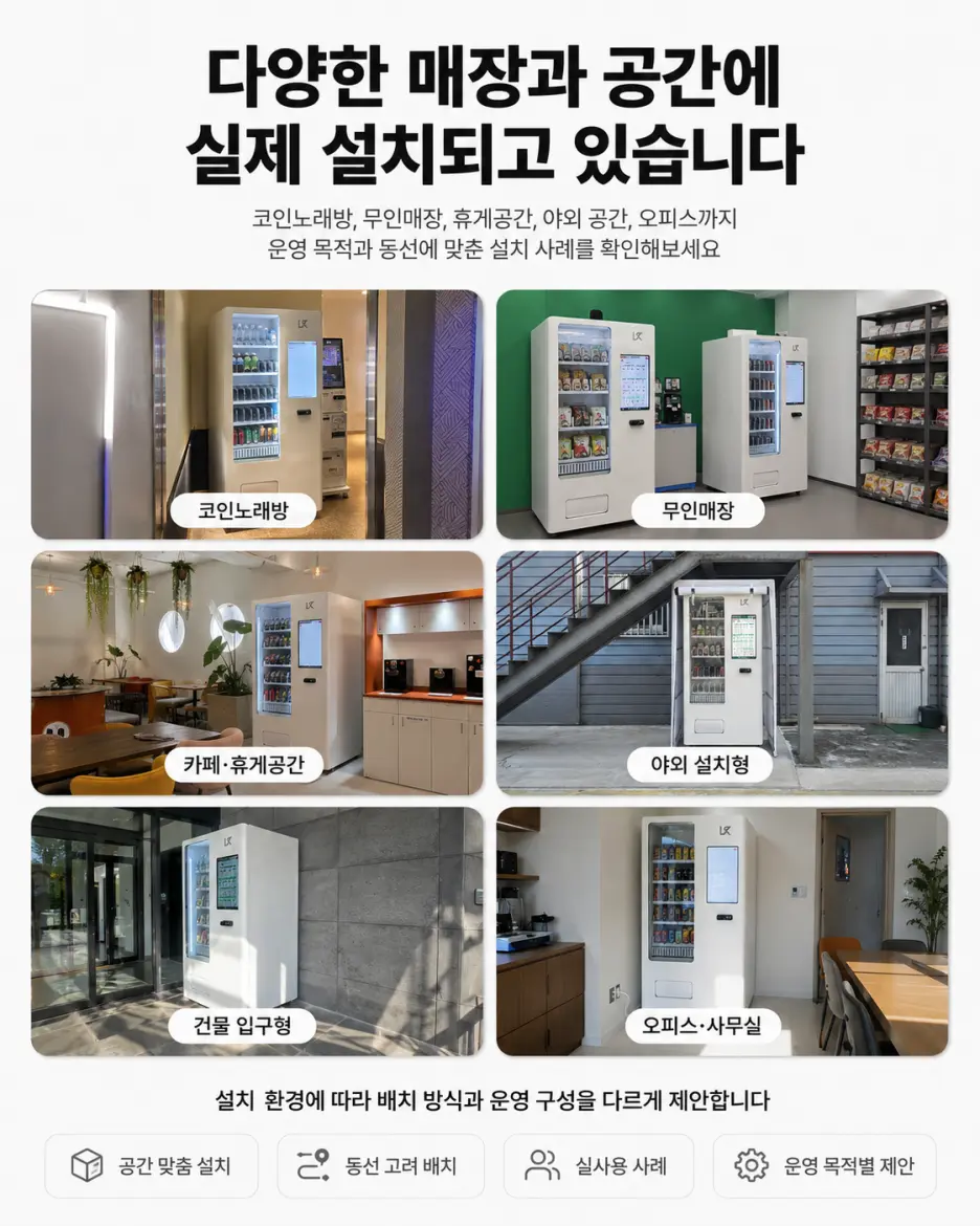 코인노래방, 무인매장, 카페, 야외, 건물 입구, 오피스에 설치된 멀티자판기 사례